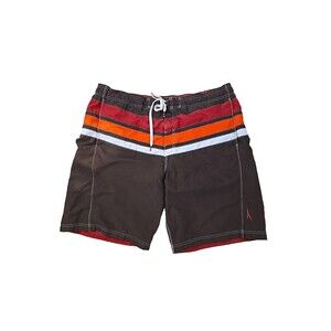 Vintage 90s Speedo Swim Trunks Mens XL Brown Orange Cream Red Stripe Beach Retro